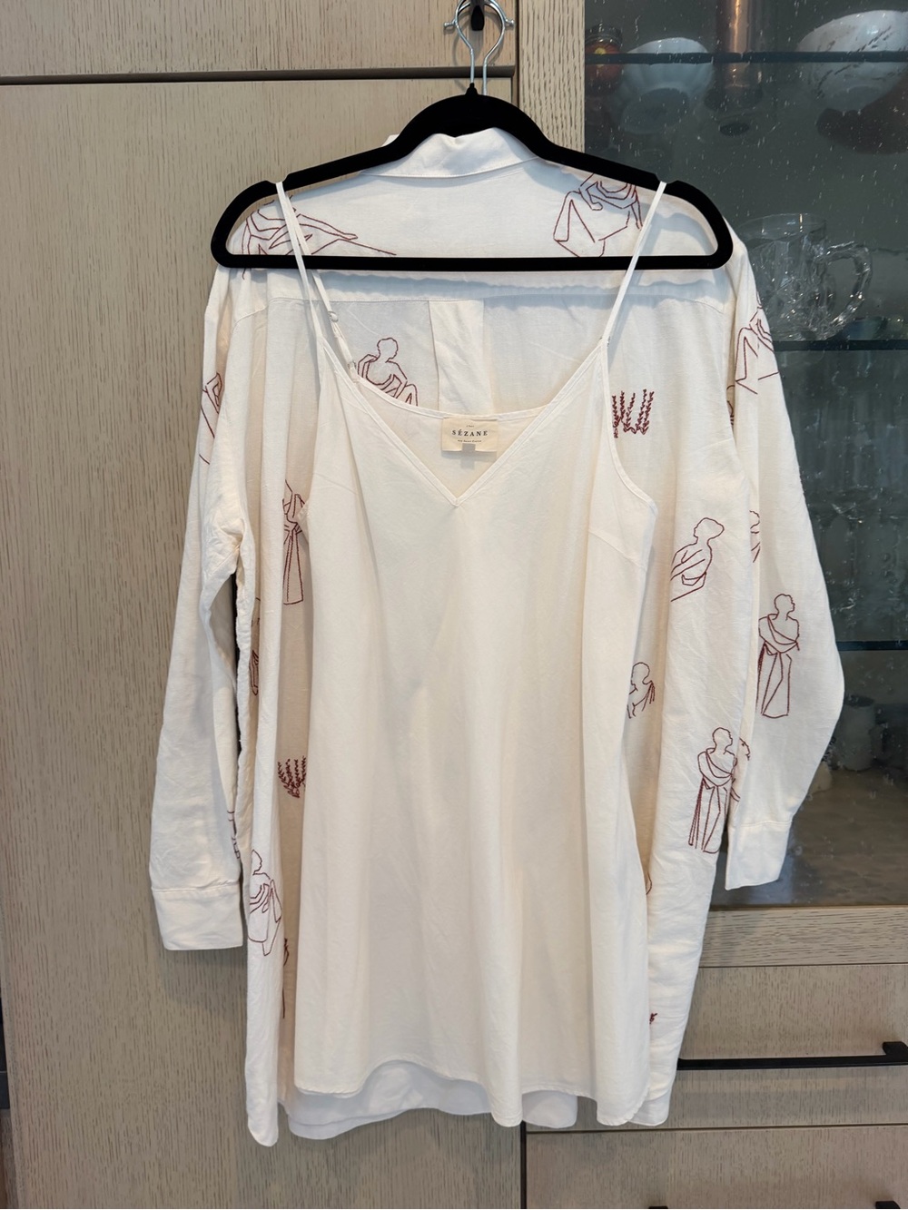 Sézane X Robert Ruspoli Cream Mini Shirt Dress with Rust Line Art - Picture 3 of 6